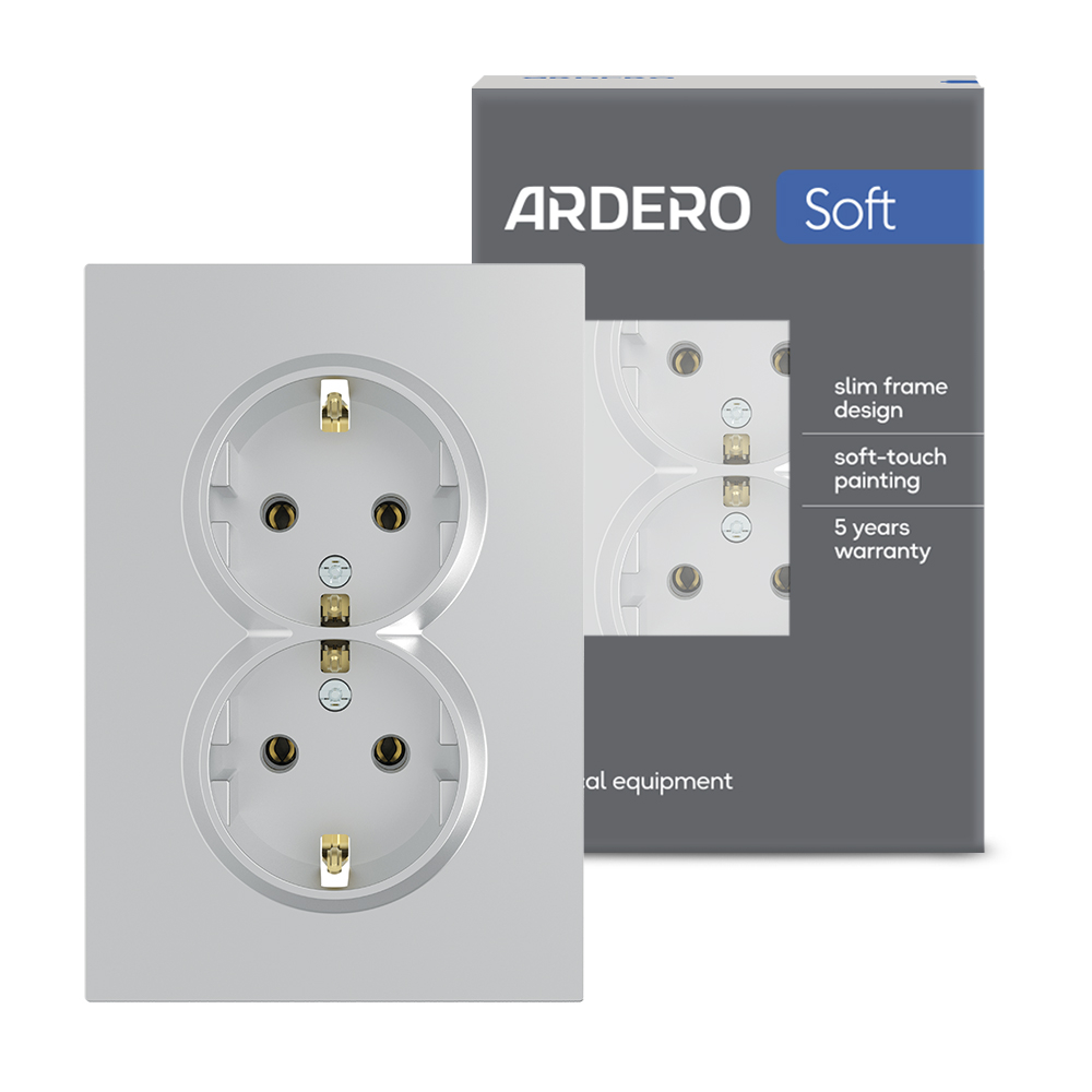 Розетка подвійна Ardero ER122-S Soft 16А із заземленням срібна
